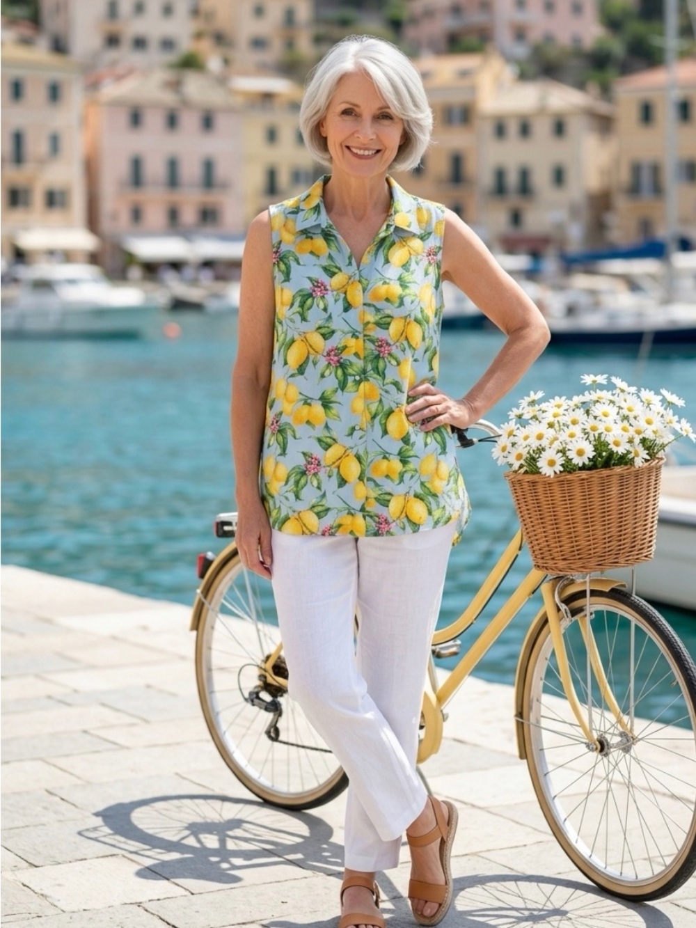Adorable, lemon, print collared button- down sleeveless tunic